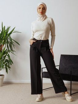 Krep Pile Detaylı Kumaş Siyah Pantolon