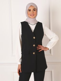 Düğme Ve Cep Detaylı Şık Siyah Yelek