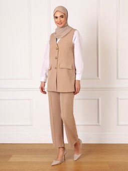 Düğme Ve Cep Detaylı Şık Vizon Yelek