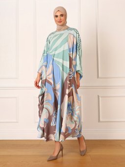 Etnik Desenli Saten Mavi Ferace