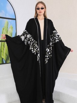 Ipek Krep Abaya Çiçek Desenli Nakış Işlemeli