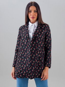 Blazer Siyah Ceket Çiçek Desenli