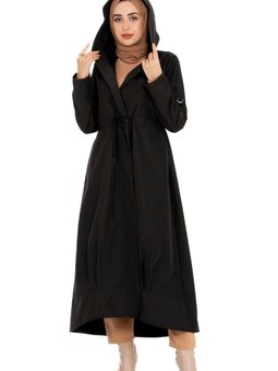 Kapüşonlu Eteği Volanlı Trençkot Siyah
