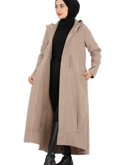 Kapüşonlu Eteği Volanlı Trençkot Vizon