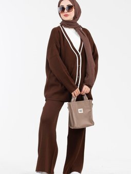 Şerit Desenli İkili Triko Takım Kahverengi