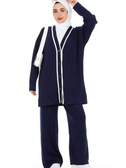 Şerit Desenli İkili Triko Takım Lacivert