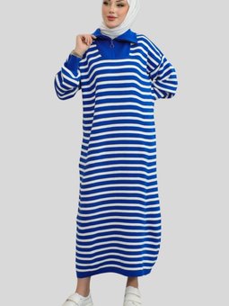 Saks Mavisi Mavi Yakası Fermuarlı Çizgili Triko Spor Elbise