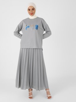 Baskı Detaylı Tunik Pilise Etek İkili Gri Takım