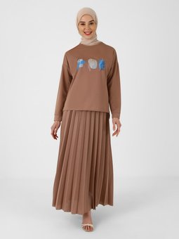 Baskı Detaylı Tunik Pilise Etek İkili Toprak Takım