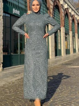 Kadın Gri Desenli Abiye Elbise T 0411