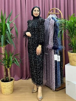 4573 Pul Payet Kolları Tüylü Kalem Abiye Elbise