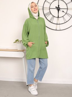 Kanguru Cepli Kapşonlu Yeşil Hırka