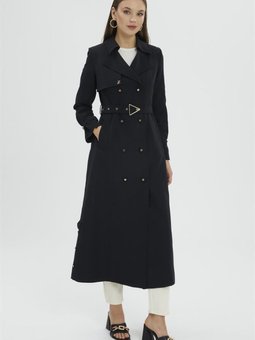 Kemerli Ve Kol Detaylı Siyah Trençkot