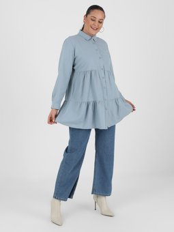 Büyük Beden Boydan Düğmeli Buzul Mavi Tunik