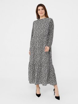 Büyük Beden Doğal Kumaşlı Çiçek Desenli Siyah Elbise