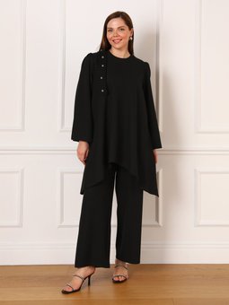 Taşlı Detaylı Büyük Beden Siyah Abiye Takım