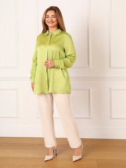 Yosun Yeşili Büyük Beden Düğme Detaylı Saten Tunik