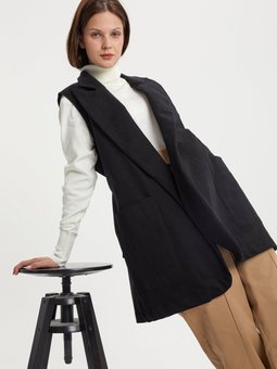 Siyah Pamuklu Ceket Yakalı Kuşaklı Uzun Yelek