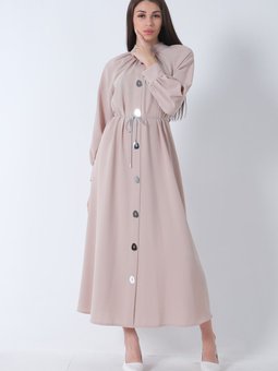 Bej Ayna Düğmeli Kemerli Elbise