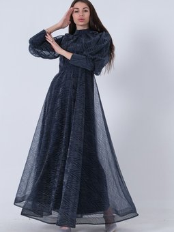 Lacivert Balon Kol Vintage Abiye Elbise