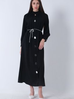 Siyah Ayna Düğmeli Kemerli Elbise