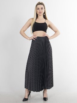 Siyah Beyaz Pileli Saten Uzun Etek