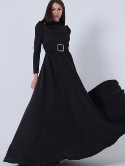 Siyah Kemerli Omuz Taşlı Abiye Elbise