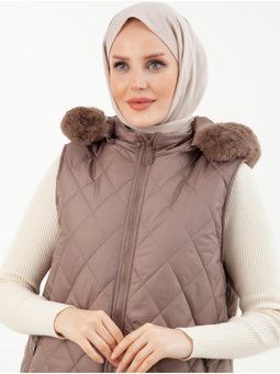 Kapitone Kapüşonlu Kışlık Trend Yelek 23kt544