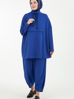 Armine Trend Yakası Grogren Bağcıklı Pantolonlu İkili Takım Saks Mavisi 23kt633