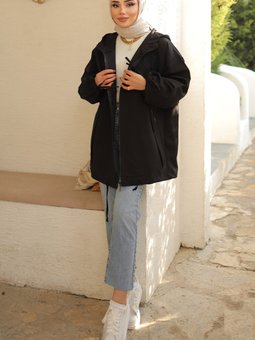 61656 Kapüşonlu Trençkot Siyah