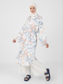 Çiçek Kuşaklı Abaya Gök Mavi Desenli Ferace