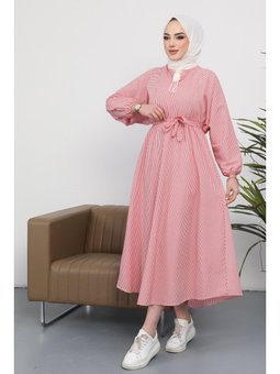 Yarasa Kol Çizgi Desen Kuşaklı Gofre Kırmızı Elbise