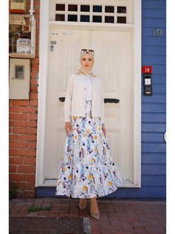 Fırfır Detaylı Ekru Mavi Etek