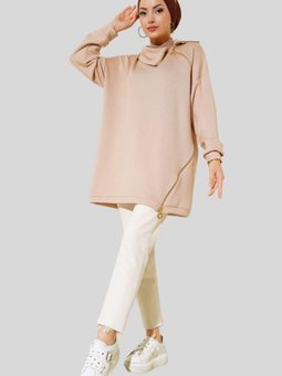 Bej Şal Yaka Fermuar Detaylı Tunik