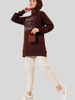 Kahve Önü Taşlı Bisiklet Yaka Yazı Baskılı Tunik