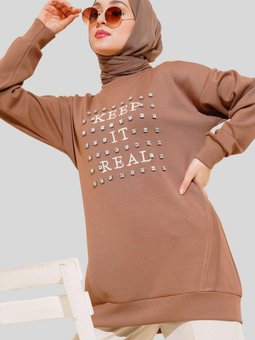 Süt Kahve Önü Taşlı Bisiklet Yaka Yazı Baskılı Tunik