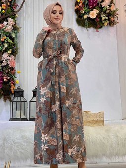 Güğüs Kısmı Gizli Düğmeli Bel Kuşaklı Baskı Desenli Tulum 3486 Mint