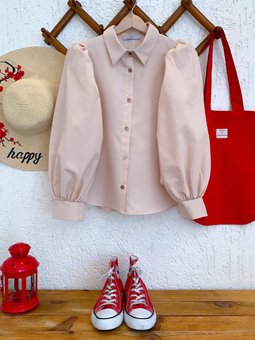 Krem Klasik Yaka Crop Gömlek