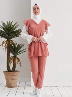 Kol Büzgülü Belden Kuşaklı İkili Takım Gül Kurusu