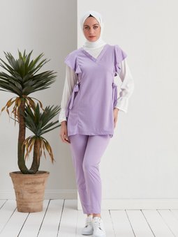 Kol Büzgülü Belden Kuşaklı İkili Takım Lila