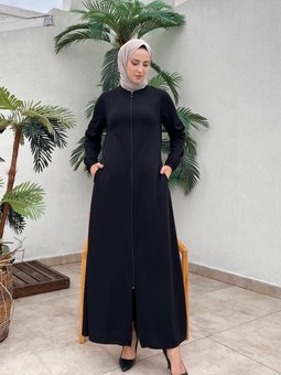 Fermuarlı Cepli Geniş Beden Aralığı Ferace Siyah 6666b