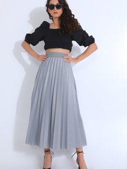 Gri Beli Lastikli Deri Görünümlü Piliseli Uzun Etek Me000370