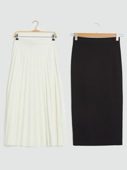 Siyah Kalem Beyaz Piliseli Uzun Etek