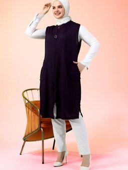 Kadin Tesettur Giyim Uzun Yazlik Cepli Fermuarli Yelek Mürdüm