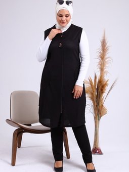 Kadin Tesettur Giyim Uzun Yazlik Cepli Fermuarli Yelek Siyah