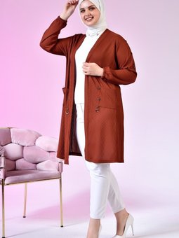 Kadin Tesettur Petek Kumas Uzun Hirka Kolları Dugmeli Kiremit