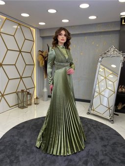 Pileli Işıltı Abiye Elbise Fıstık Yeşili