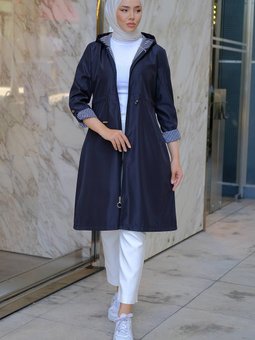 Çizgi Detaylı Trençkot Lacivert Hm2283