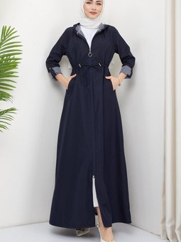 Kapüşonlu Çizgili Uzun Trençkot Lacivert Hm2332