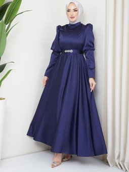 Balon Kol Saten Abiye Elbise Lacivert
